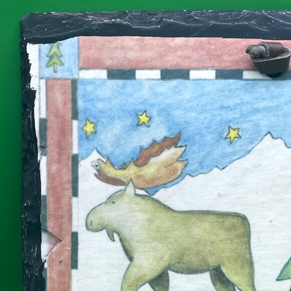 Rustic Moose Slate Wall Hanging Lodge Cabin Décor 12" Art Plaque Leather Strap - Picture 5 of 12